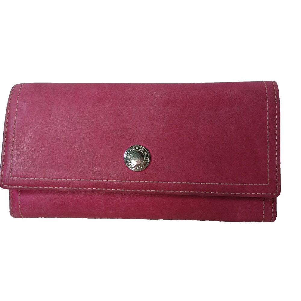 Coach Pink Leather Checkbook Wallet Long Bifold Organizer Clutch Wallet